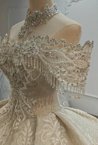 Champagne Glimmer Off-Shoulder Ballgown Crystal Fringe Bust & Embroidered Train