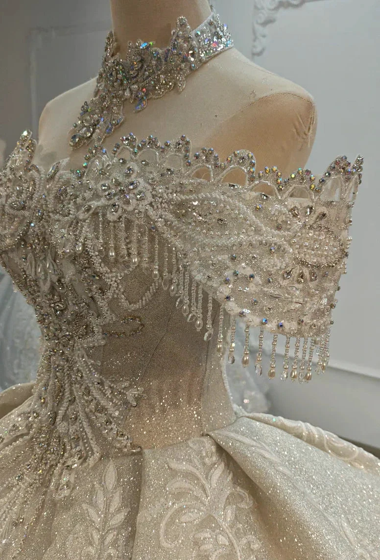 Champagne Glimmer Off-Shoulder Ballgown Crystal Fringe Bust & Embroidered Train