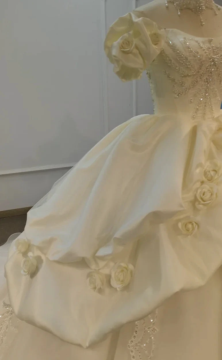 Ivory Rose Off-Shoulder Ballgown Beaded Bust & 3D Flower Skirt