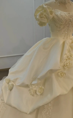 Ivory Rose Off-Shoulder Ballgown Beaded Bust & 3D Flower Skirt