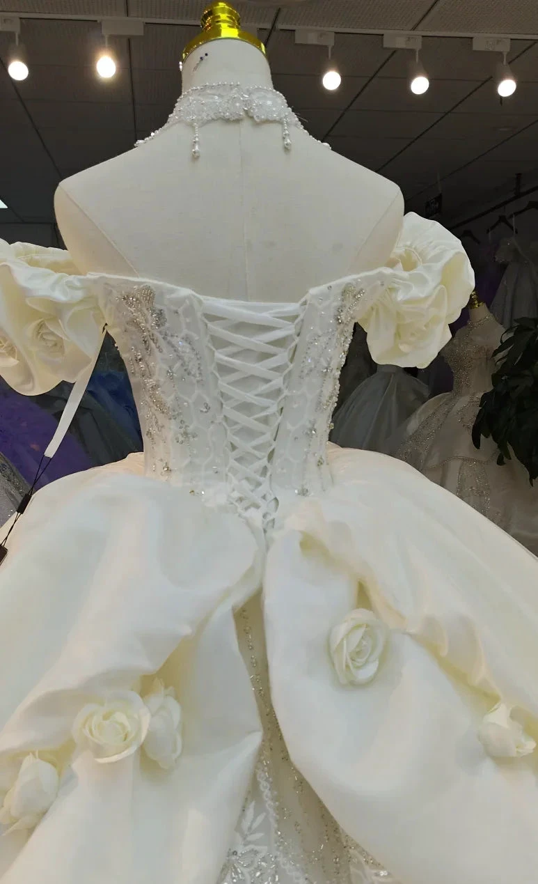 Ivory Rose Off-Shoulder Ballgown Beaded Bust & 3D Flower Skirt