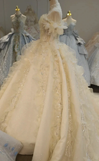 Cream Shimmer Off-Shoulder Ballgown Crystal-Embroidered Skirt & Fringed Collar