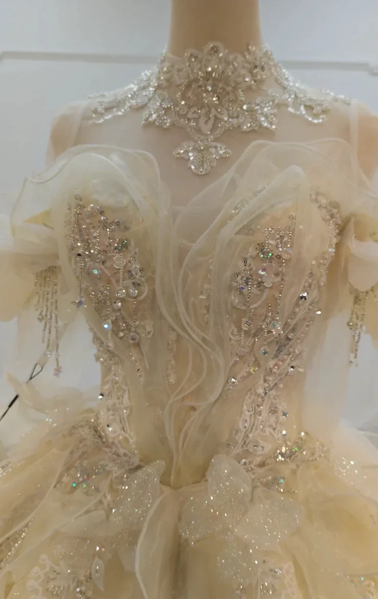 Cream Shimmer Off-Shoulder Ballgown Crystal-Embroidered Skirt & Fringed Collar
