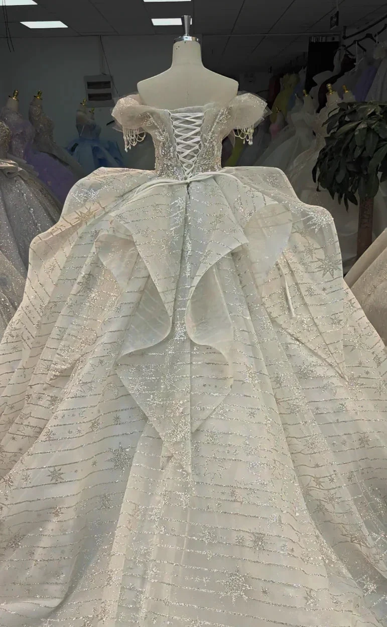 Ivory Starlight Off-Shoulder Ballgown Celestial Sequin Skirt & Beaded Tassel Bodice