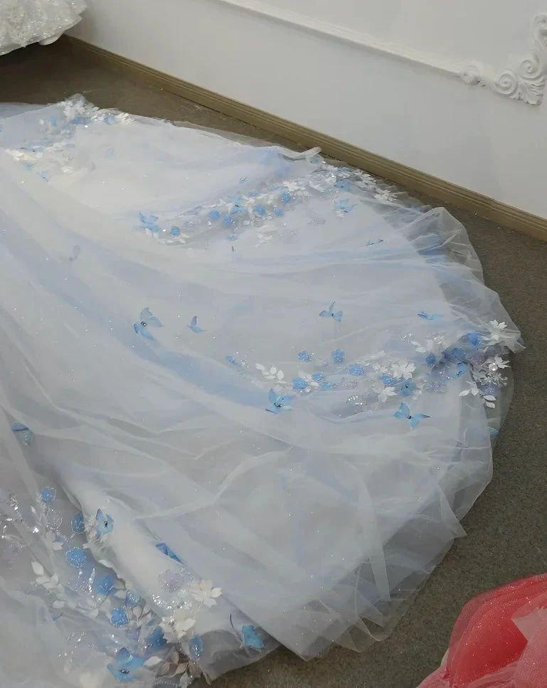 Enchanting Light Blue Ball Gown Strapless Beaded Mesh Wedding Dress with 3D Butterfly Accents Ye-2016