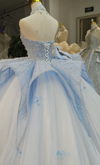 Enchanting Light Blue Ball Gown Strapless Beaded Mesh Wedding Dress with 3D Butterfly Accents Ye-2016