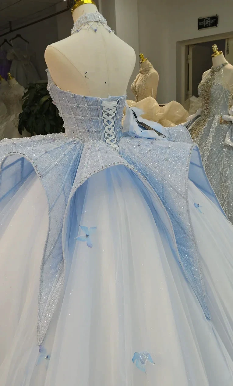 Enchanting Light Blue Ball Gown Strapless Beaded Mesh Wedding Dress with 3D Butterfly Accents Ye-2016
