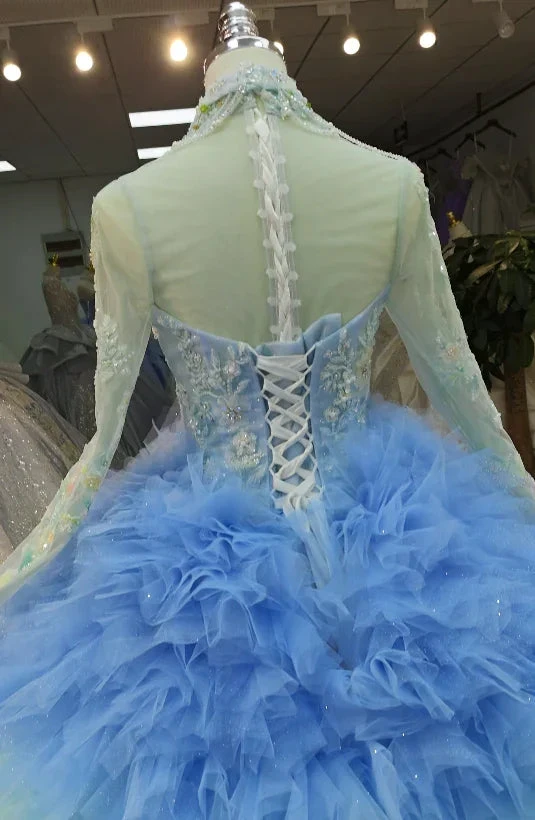 Vibrant Ombre Ball Gown High-Neck Long Embroidered Sleeve Beaded Ruffled Wedding Dress Ye-2017