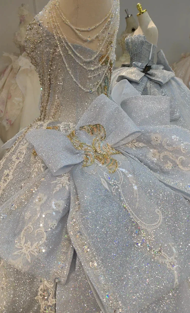 Regal Silver-Gold Ball Gown Halter Neck Beaded Embroidery Wedding Dress with Oversized Bows Ye-2018