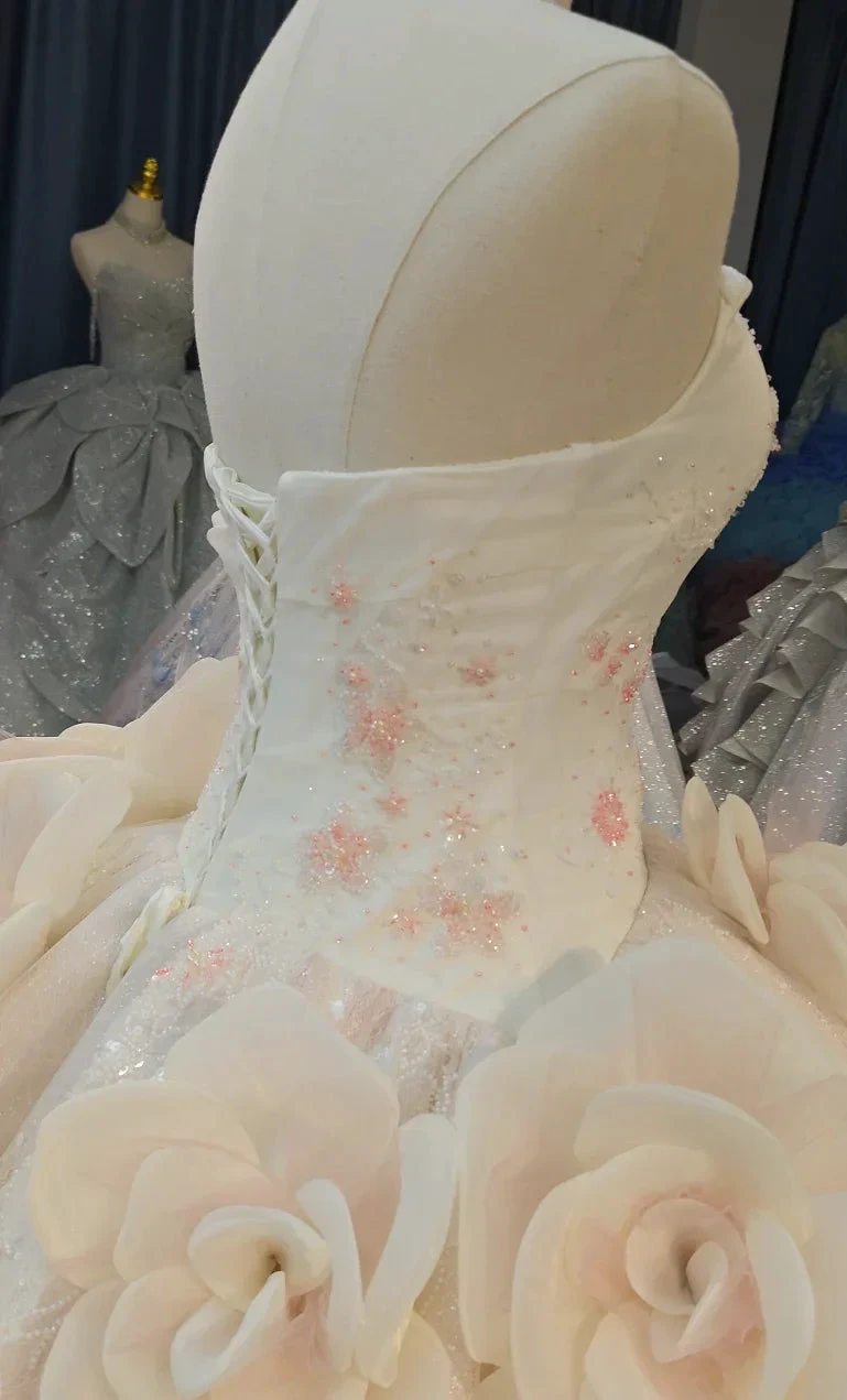 Romantic Blush Ball Gown Strapless 3D Rose Embellished Beaded Wedding Dress with Sparkling Train Ye-2019
