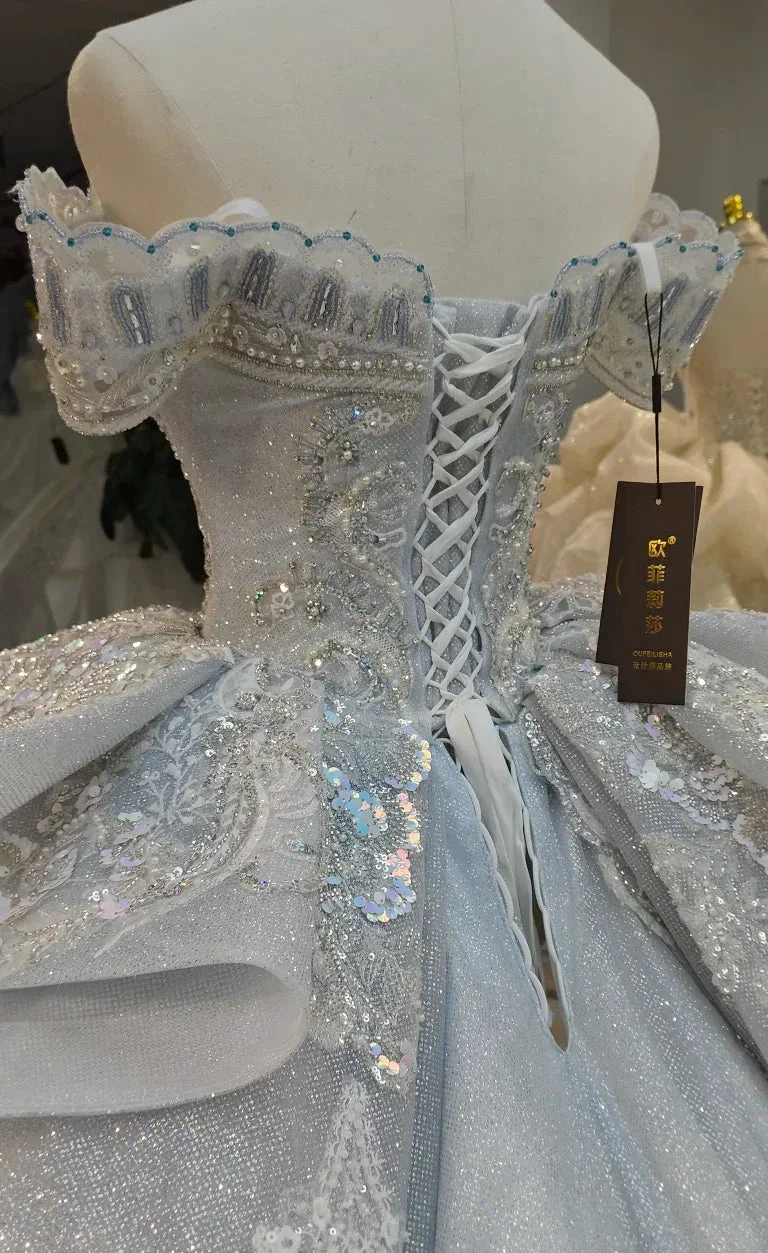 Gorgeous Silver Sequin Off-the-Shoulder Ball Gown Wedding Dress with Crystal Embroidery & Giant Bow Train Ye-2020