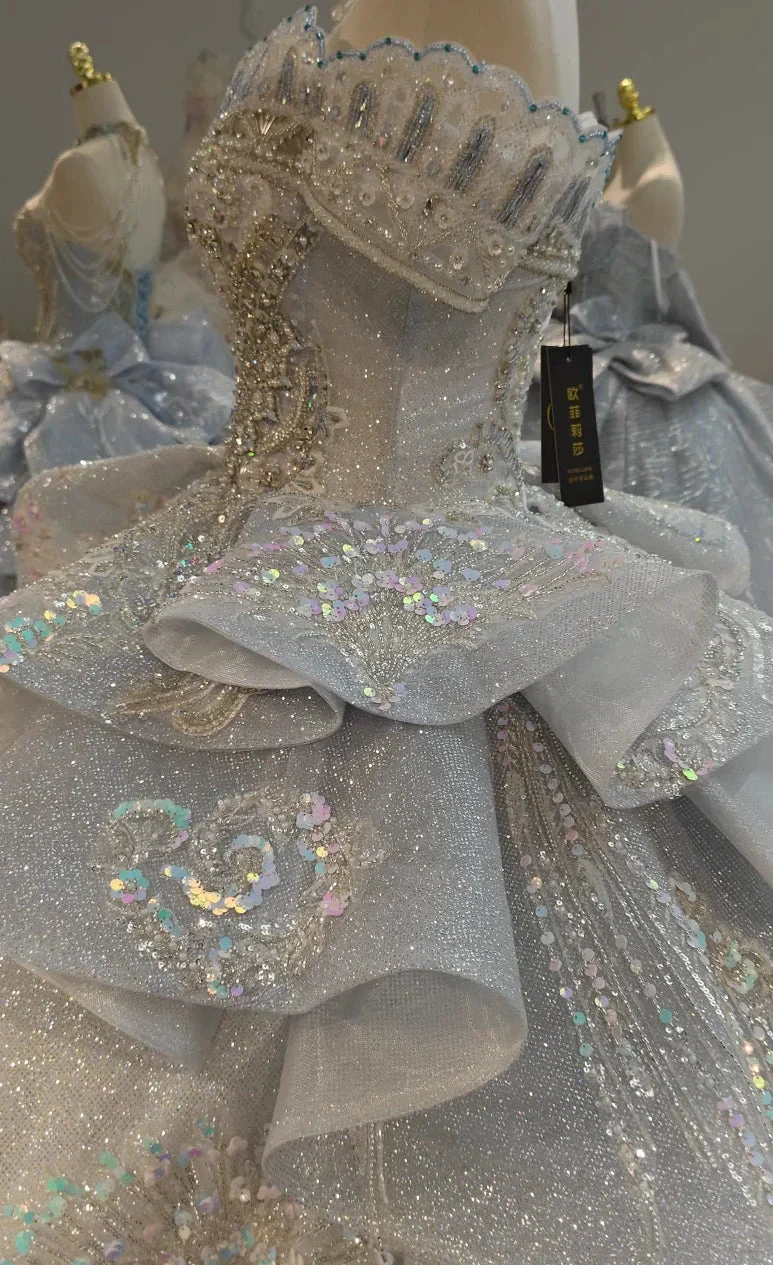 Gorgeous Silver Sequin Off-the-Shoulder Ball Gown Wedding Dress with Crystal Embroidery & Giant Bow Train Ye-2020