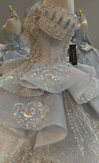 Gorgeous Silver Sequin Off-the-Shoulder Ball Gown Wedding Dress with Crystal Embroidery & Giant Bow Train Ye-2020