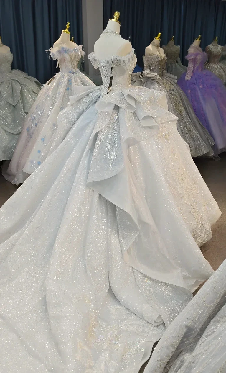 Gorgeous Silver Sequin Off-the-Shoulder Ball Gown Wedding Dress with Crystal Embroidery & Giant Bow Train Ye-2020