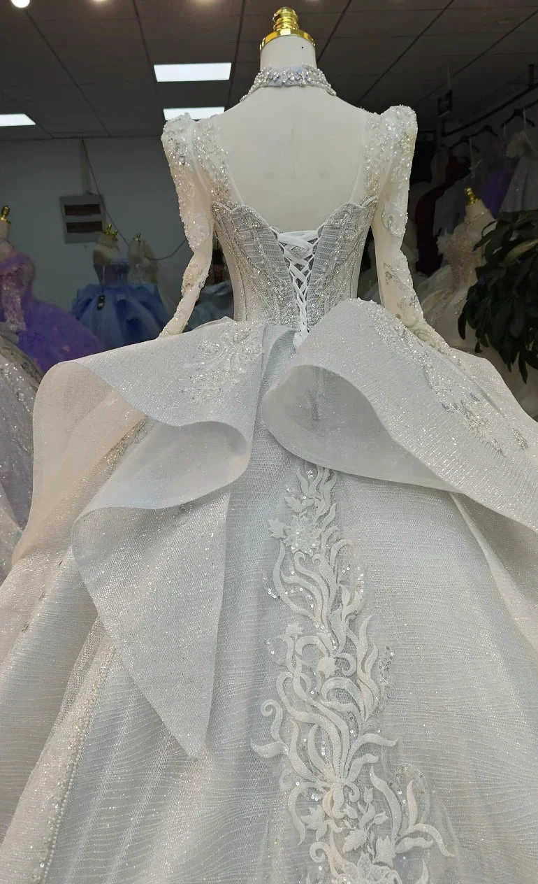 Gorgeous High-Neck Sequin Ball Gown Wedding Dress with Crystal Embroidery & Sheer Long Sleeves Ye-2021