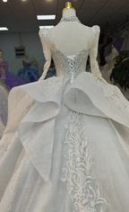 Gorgeous High-Neck Sequin Ball Gown Wedding Dress with Crystal Embroidery & Sheer Long Sleeves Ye-2021