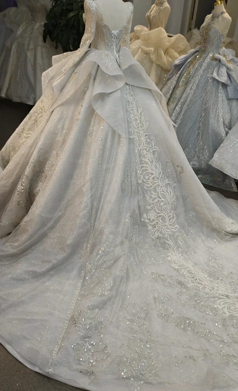 Gorgeous High-Neck Sequin Ball Gown Wedding Dress with Crystal Embroidery & Sheer Long Sleeves Ye-2021