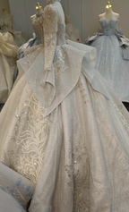 Gorgeous High-Neck Sequin Ball Gown Wedding Dress with Crystal Embroidery & Sheer Long Sleeves Ye-2021