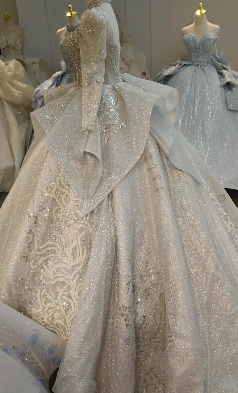 Gorgeous High-Neck Sequin Ball Gown Wedding Dress with Crystal Embroidery & Sheer Long Sleeves Ye-2021