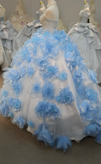 Enchanting Light Blue Strapless Ball Gown Wedding Dress with Crystal Beaded Bodice & 3D Organza Flowers Ye-2024