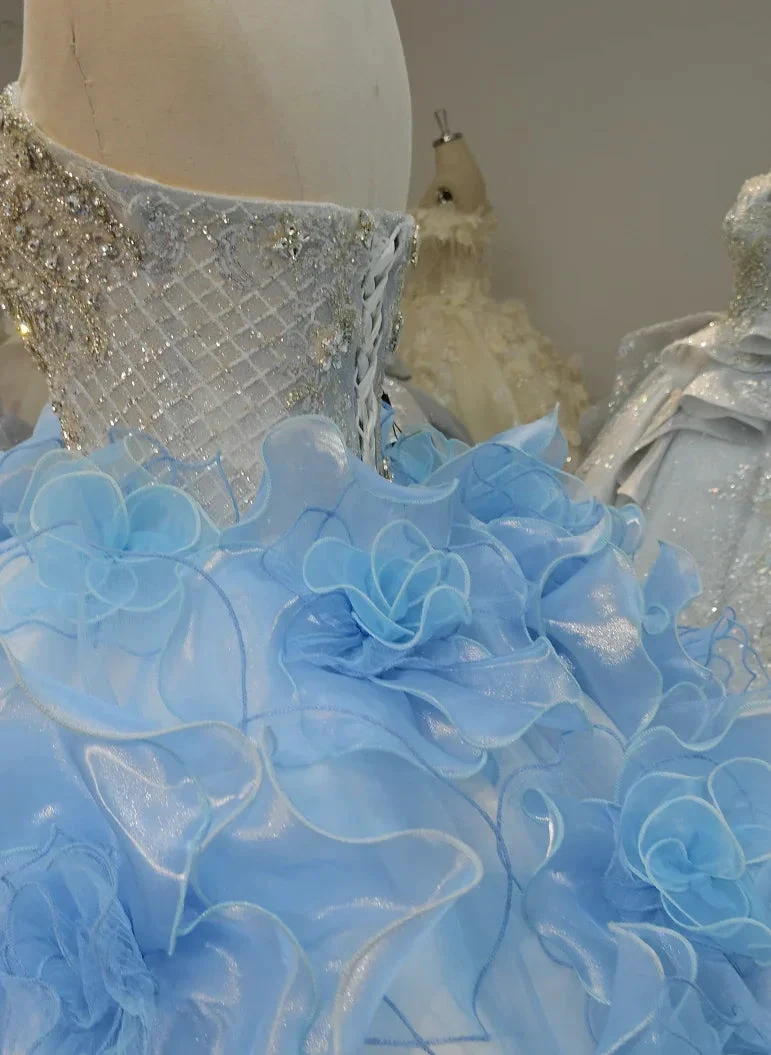 Enchanting Light Blue Strapless Ball Gown Wedding Dress with Crystal Beaded Bodice & 3D Organza Flowers Ye-2024