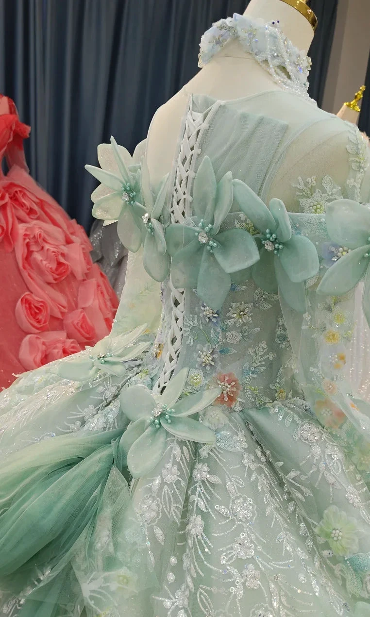 Fairy-Tale Mint Green High-Neck Ball Gown Wedding Dress with 3D Organza Flowers & Crystal Embroidery Ye-2025