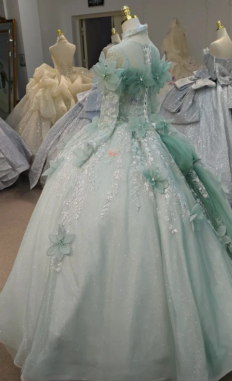 Fairy-Tale Mint Green High-Neck Ball Gown Wedding Dress with 3D Organza Flowers & Crystal Embroidery Ye-2025