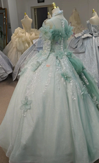 Fairy-Tale Mint Green High-Neck Ball Gown Wedding Dress with 3D Organza Flowers & Crystal Embroidery Ye-2025