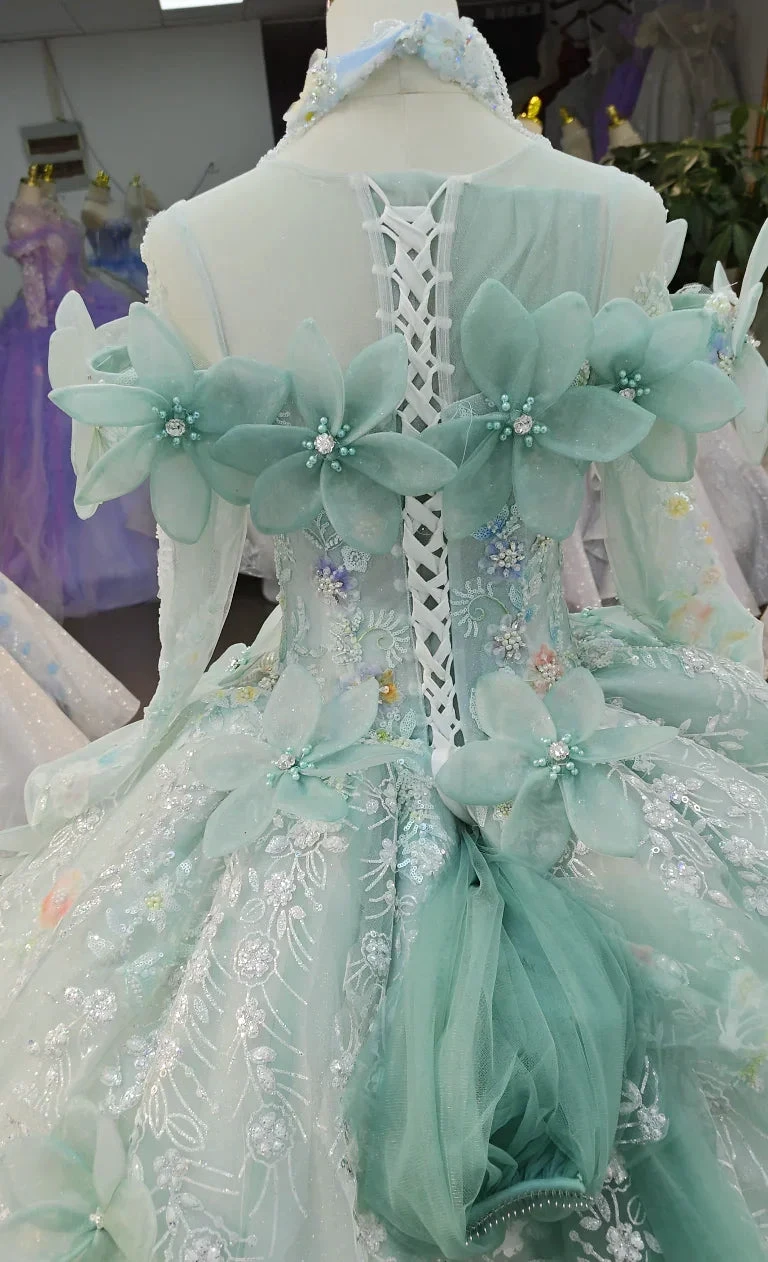 Fairy-Tale Mint Green High-Neck Ball Gown Wedding Dress with 3D Organza Flowers & Crystal Embroidery Ye-2025