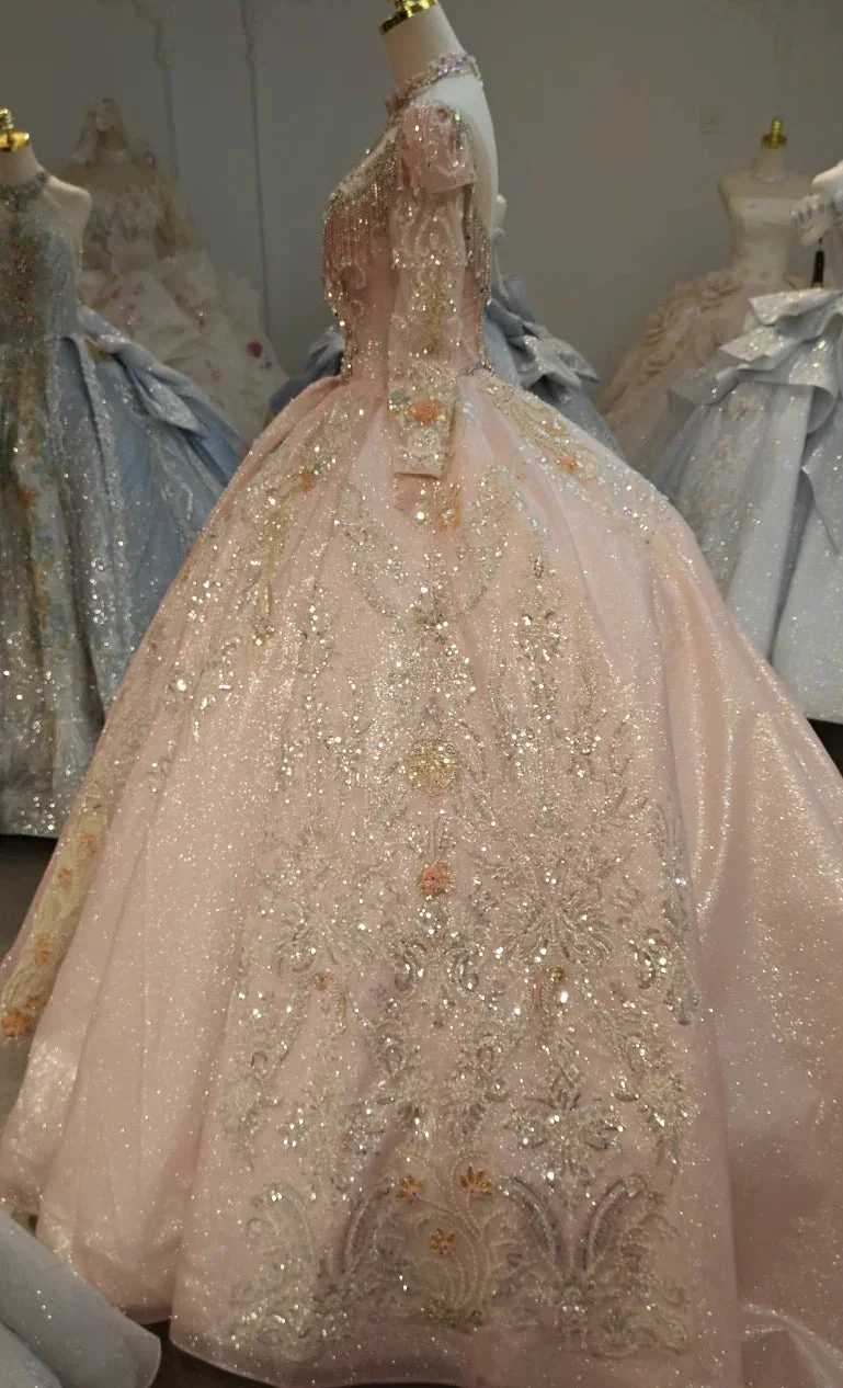 Lavish Blush Pink High-Neck Ball Gown Wedding Dress with Beaded Fringe & 3D Floral Embroidery Ye-2026