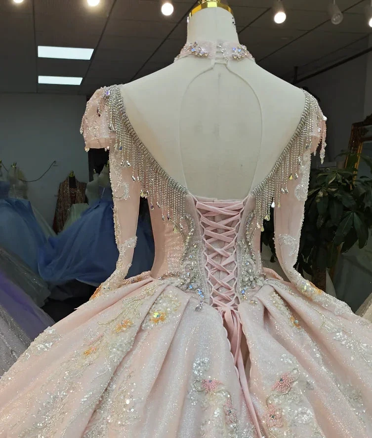 Lavish Blush Pink High-Neck Ball Gown Wedding Dress with Beaded Fringe & 3D Floral Embroidery Ye-2026