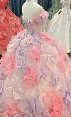 Enchanting Pastel Pink & Purple Off-the-Shoulder Ball Gown Wedding Dress with 3D Glitter Flowers & Crystal Collar Ye-2027