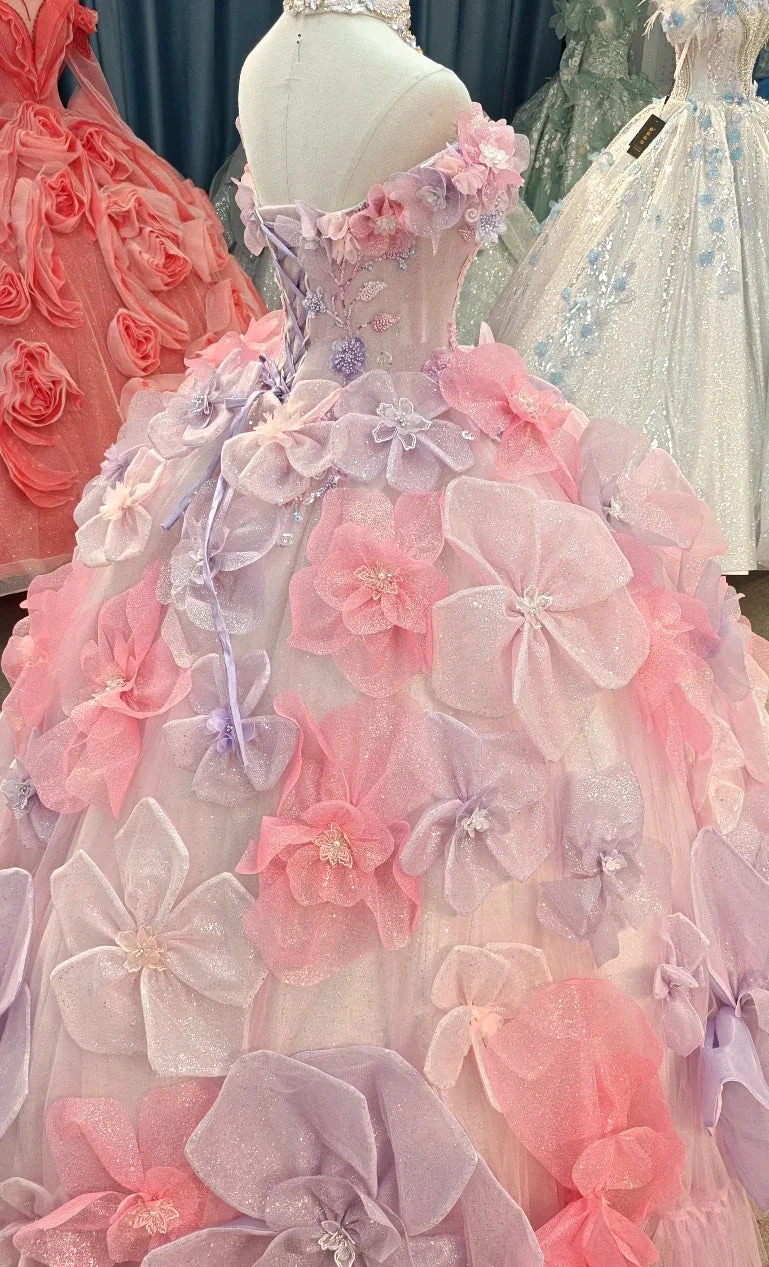 Enchanting Pastel Pink & Purple Off-the-Shoulder Ball Gown Wedding Dress with 3D Glitter Flowers & Crystal Collar Ye-2027