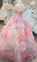 Enchanting Pastel Pink & Purple Off-the-Shoulder Ball Gown Wedding Dress with 3D Glitter Flowers & Crystal Collar Ye-2027