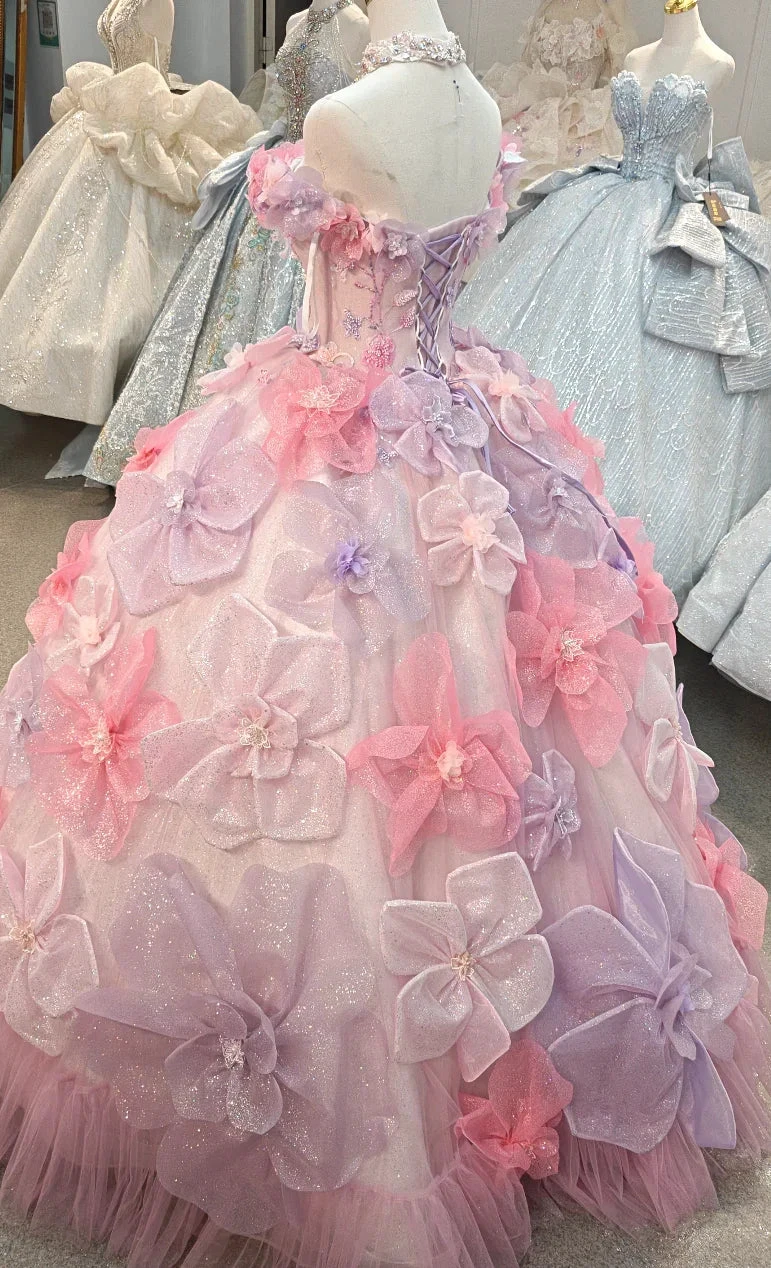 Enchanting Pastel Pink & Purple Off-the-Shoulder Ball Gown Wedding Dress with 3D Glitter Flowers & Crystal Collar Ye-2027