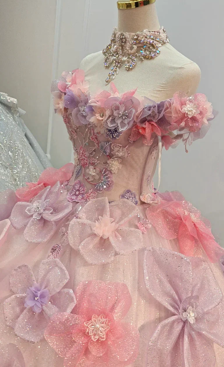 Enchanting Pastel Pink & Purple Off-the-Shoulder Ball Gown Wedding Dress with 3D Glitter Flowers & Crystal Collar Ye-2027