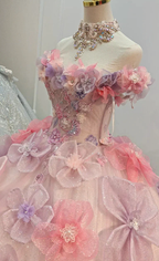 Enchanting Pastel Pink & Purple Off-the-Shoulder Ball Gown Wedding Dress with 3D Glitter Flowers & Crystal Collar Ye-2027