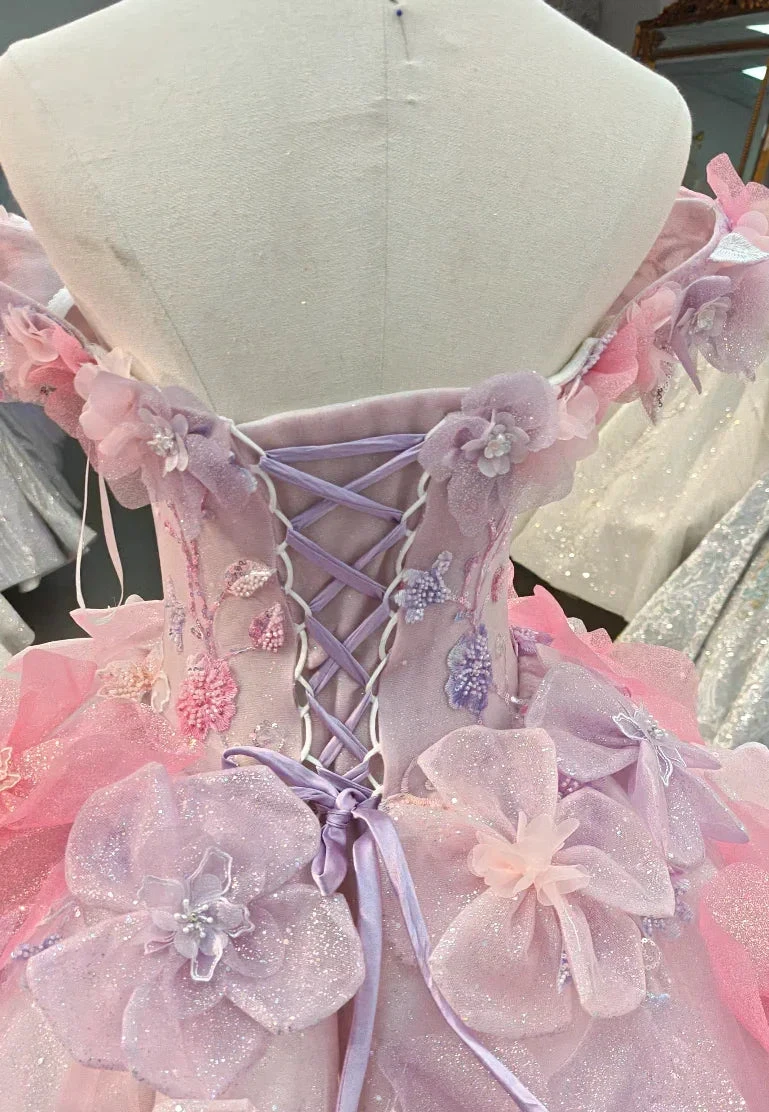 Enchanting Pastel Pink & Purple Off-the-Shoulder Ball Gown Wedding Dress with 3D Glitter Flowers & Crystal Collar Ye-2027