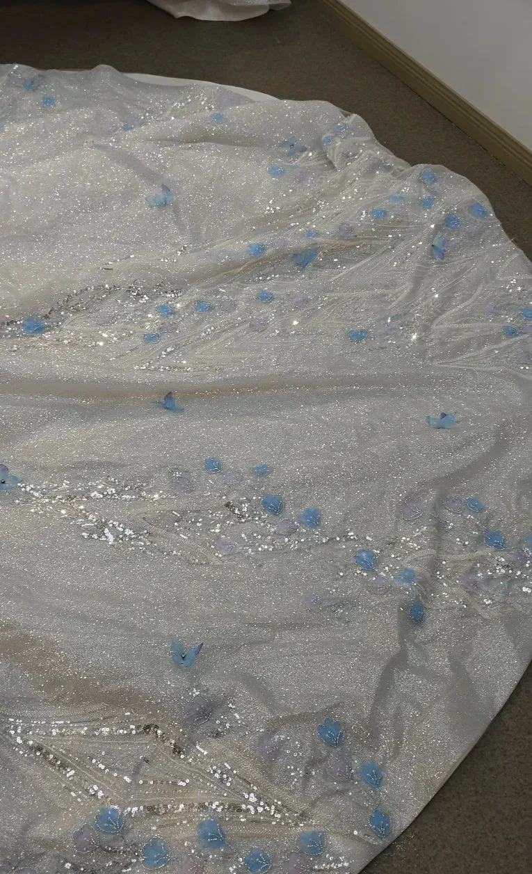 Ethereal Off-the-Shoulder Ball Gown Wedding Dress with Sequin Tulle, 3D Pastel Florals & Feather Accents Ye-2028