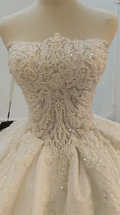 Opulent Strapless Ball Gown Wedding Dress with Pearl Beaded Lace, Sequin Tulle & Corset Lace-Up Back Ye-2030
