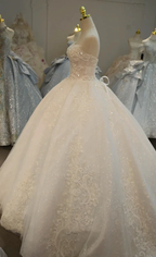 Opulent Strapless Ball Gown Wedding Dress with Pearl Beaded Lace, Sequin Tulle & Corset Lace-Up Back Ye-2030