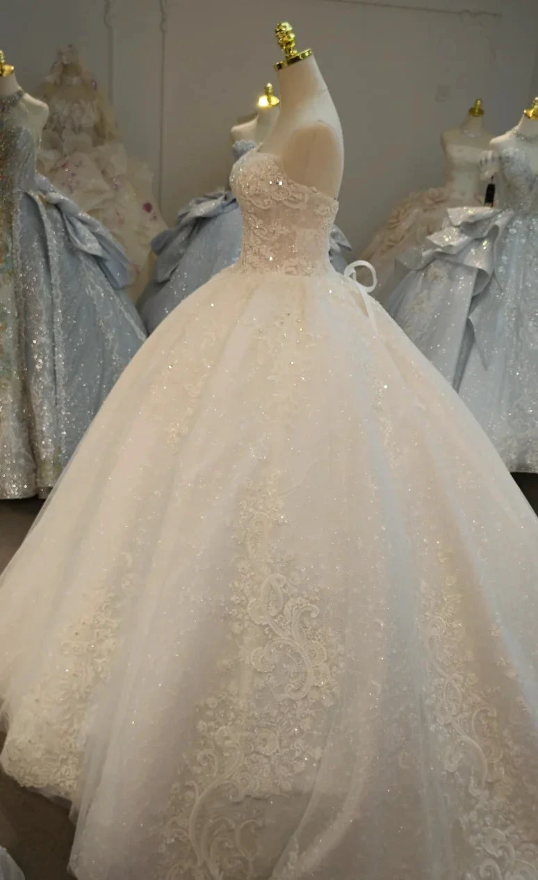 Opulent Strapless Ball Gown Wedding Dress with Pearl Beaded Lace, Sequin Tulle & Corset Lace-Up Back Ye-2030