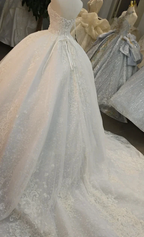 Opulent Strapless Ball Gown Wedding Dress with Pearl Beaded Lace, Sequin Tulle & Corset Lace-Up Back Ye-2030