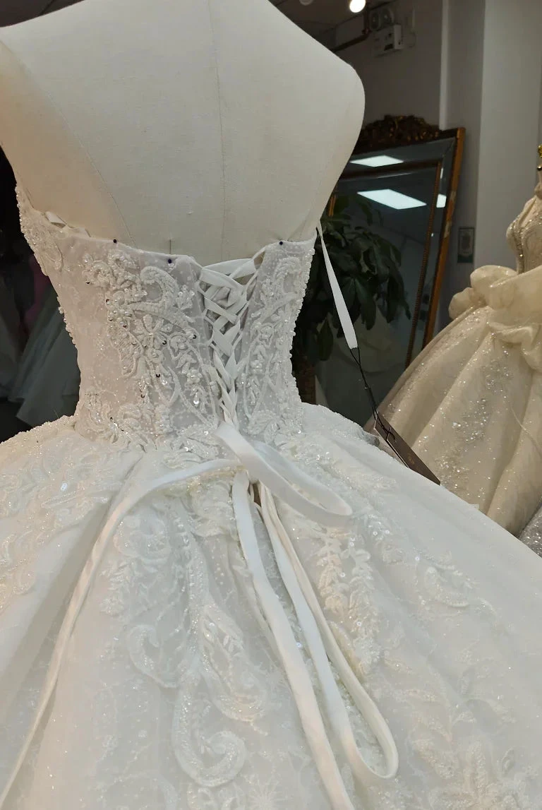 Opulent Strapless Ball Gown Wedding Dress with Pearl Beaded Lace, Sequin Tulle & Corset Lace-Up Back Ye-2030