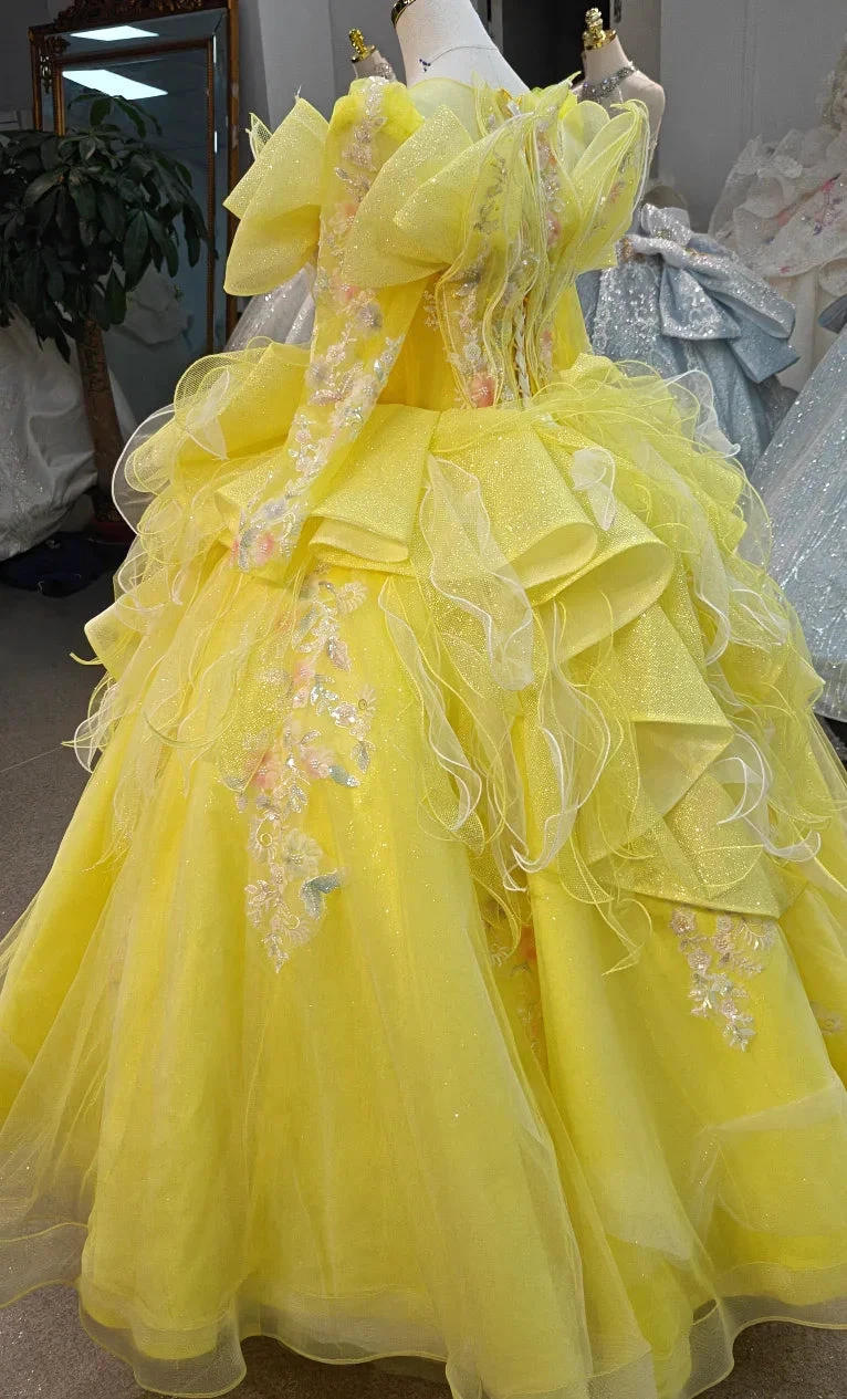 Vibrant Yellow High-Neck Ball Gown Wedding Dress with Ruffled Tulle, 3D Floral Embroidery & Corset Back Ye-2031