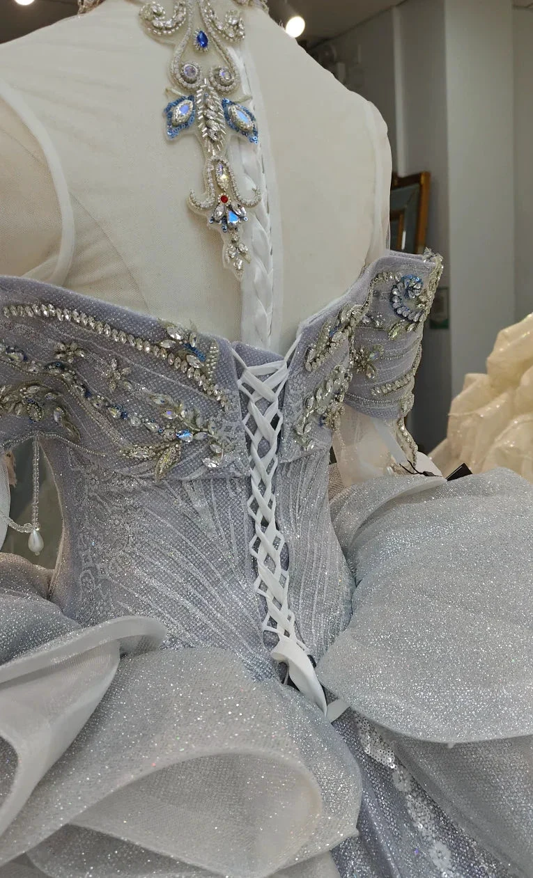 Regal Silver-Gray Off-the-Shoulder Ball Gown Wedding Dress with Crystal Collar, Beaded Embroidery & Tulle Train Ye-2032