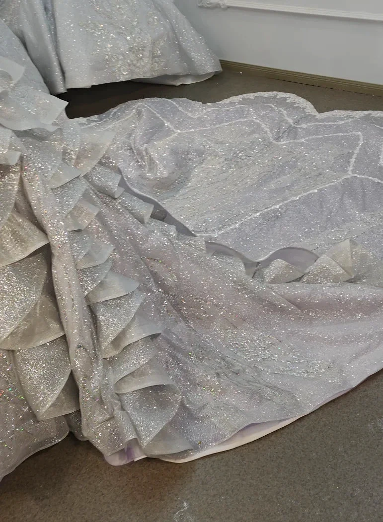Regal Silver-Gray Off-the-Shoulder Ball Gown Wedding Dress with Crystal Collar, Beaded Embroidery & Tulle Train Ye-2032