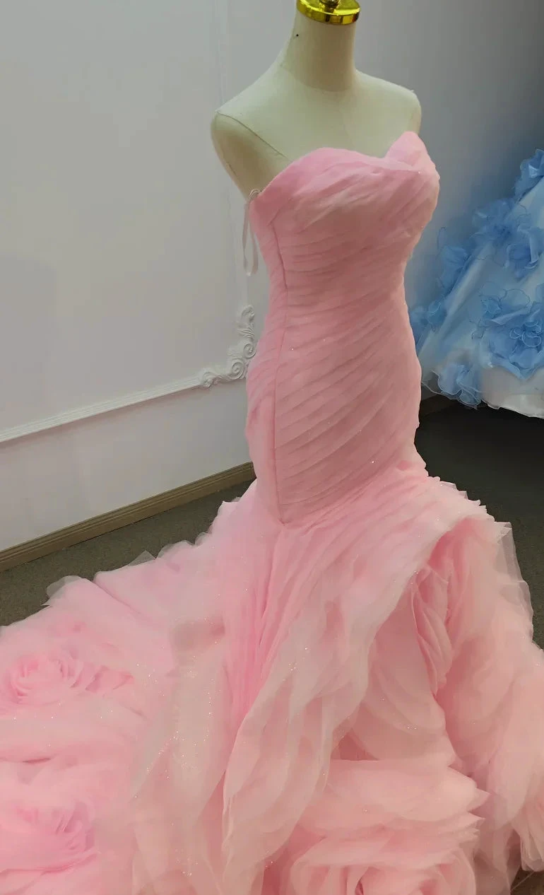 Romantic Blush Pink Strapless Mermaid Wedding Dress with Ruched Bodice & 3D Rose Tulle Skirt Ye-2033