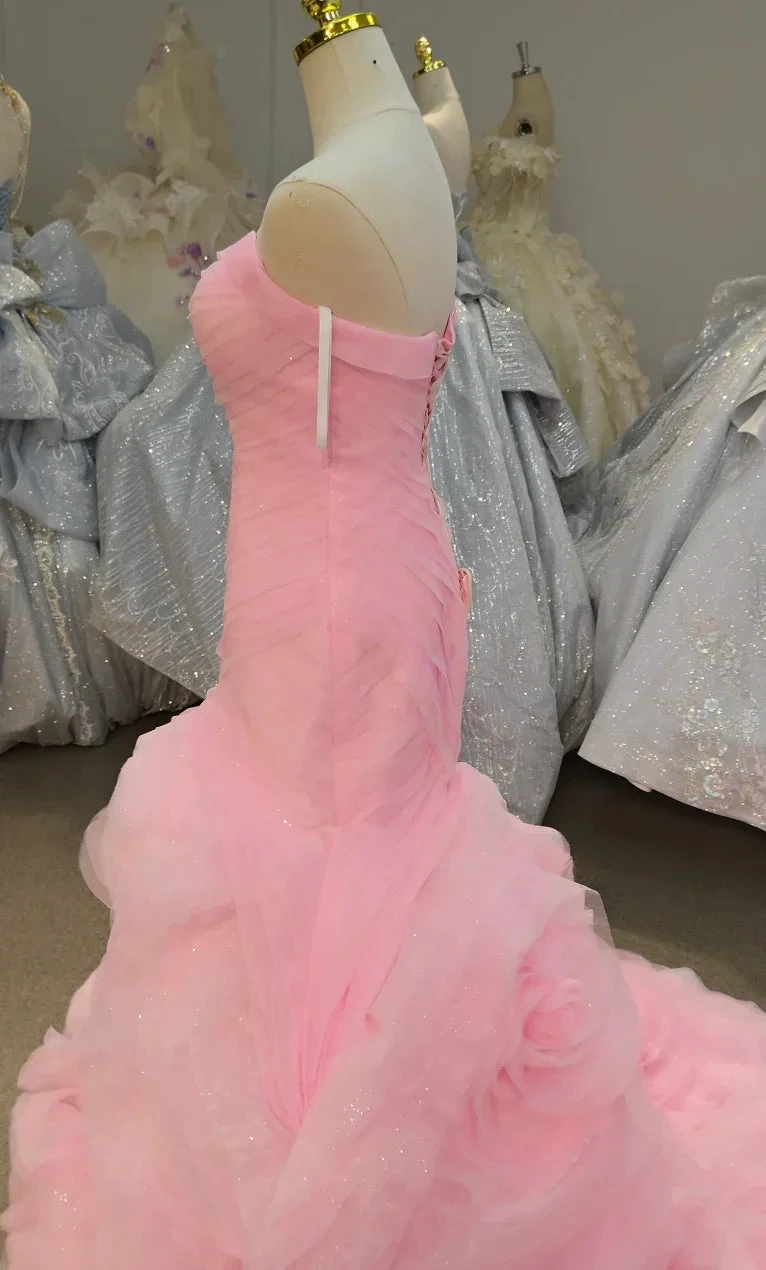 Romantic Blush Pink Strapless Mermaid Wedding Dress with Ruched Bodice & 3D Rose Tulle Skirt Ye-2033