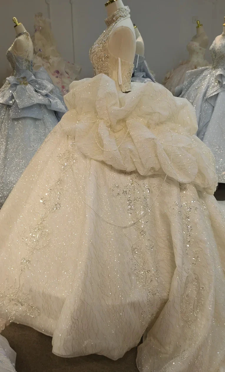 Lavish Halter-Neck Ball Gown Wedding Dress with Pearl Crystal Embroidery & Ruffled Tulle Skirt Ye-2034